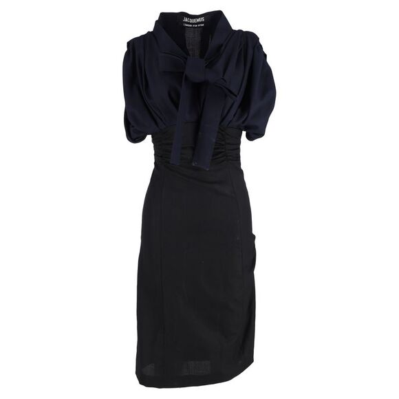 Jacquemus La Robe Madame Ribbon Detail Midi Dress in Navy Blue Wool